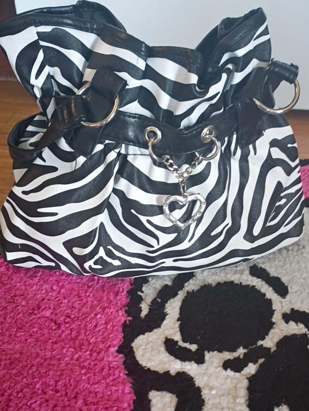Zebra Print Black & White Tote Bag with Heart Charm